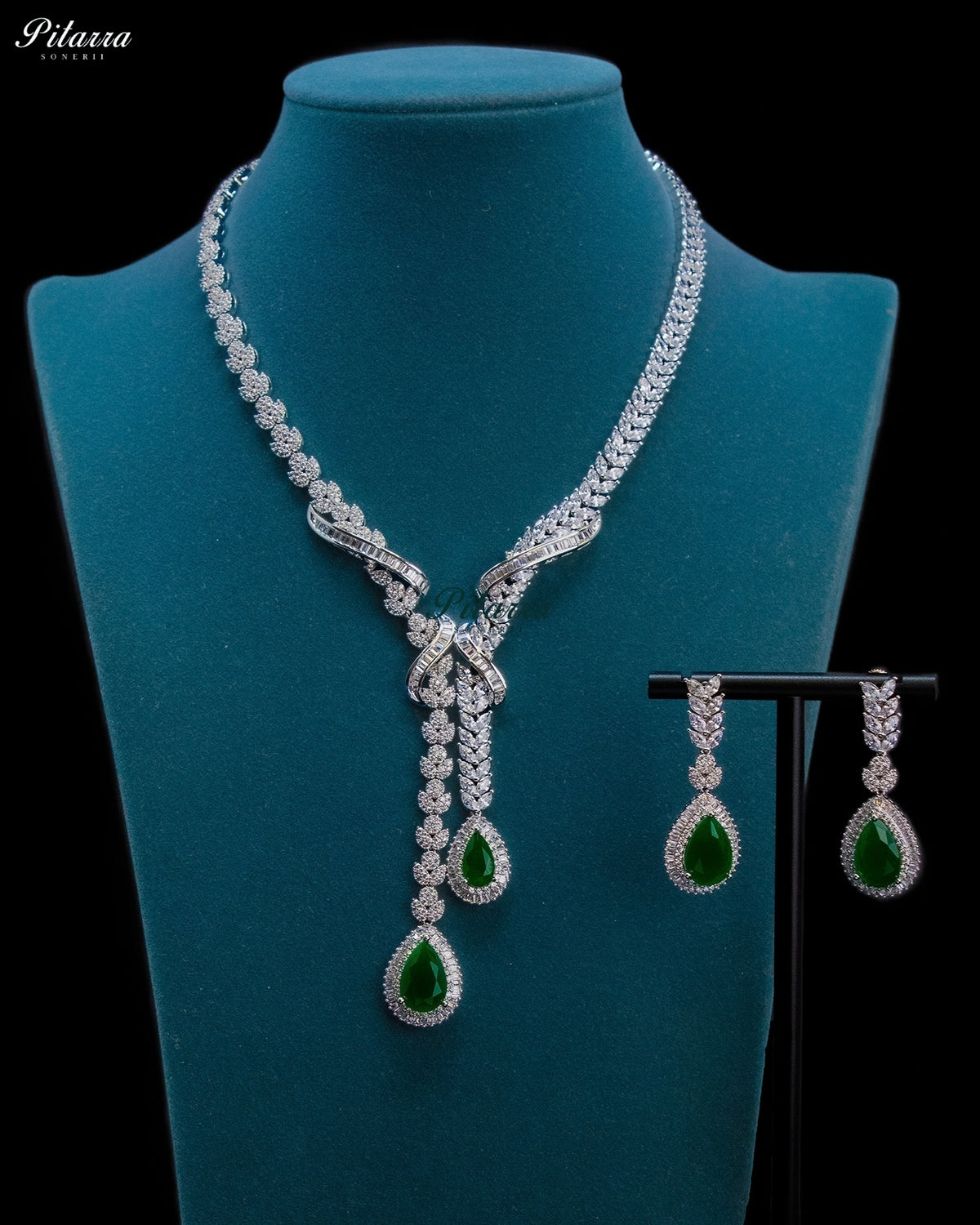 Emerald Green Pear Cut Stone Zircon Silver Crystal Lariat Necklace Set