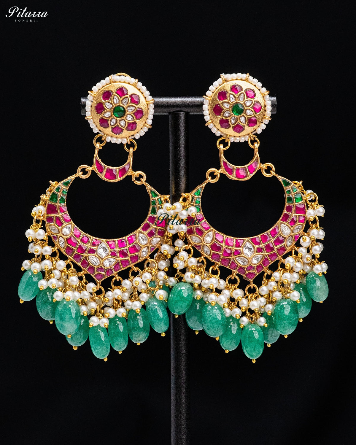 Pink Green Pearl Kundan Chandbali Earrings