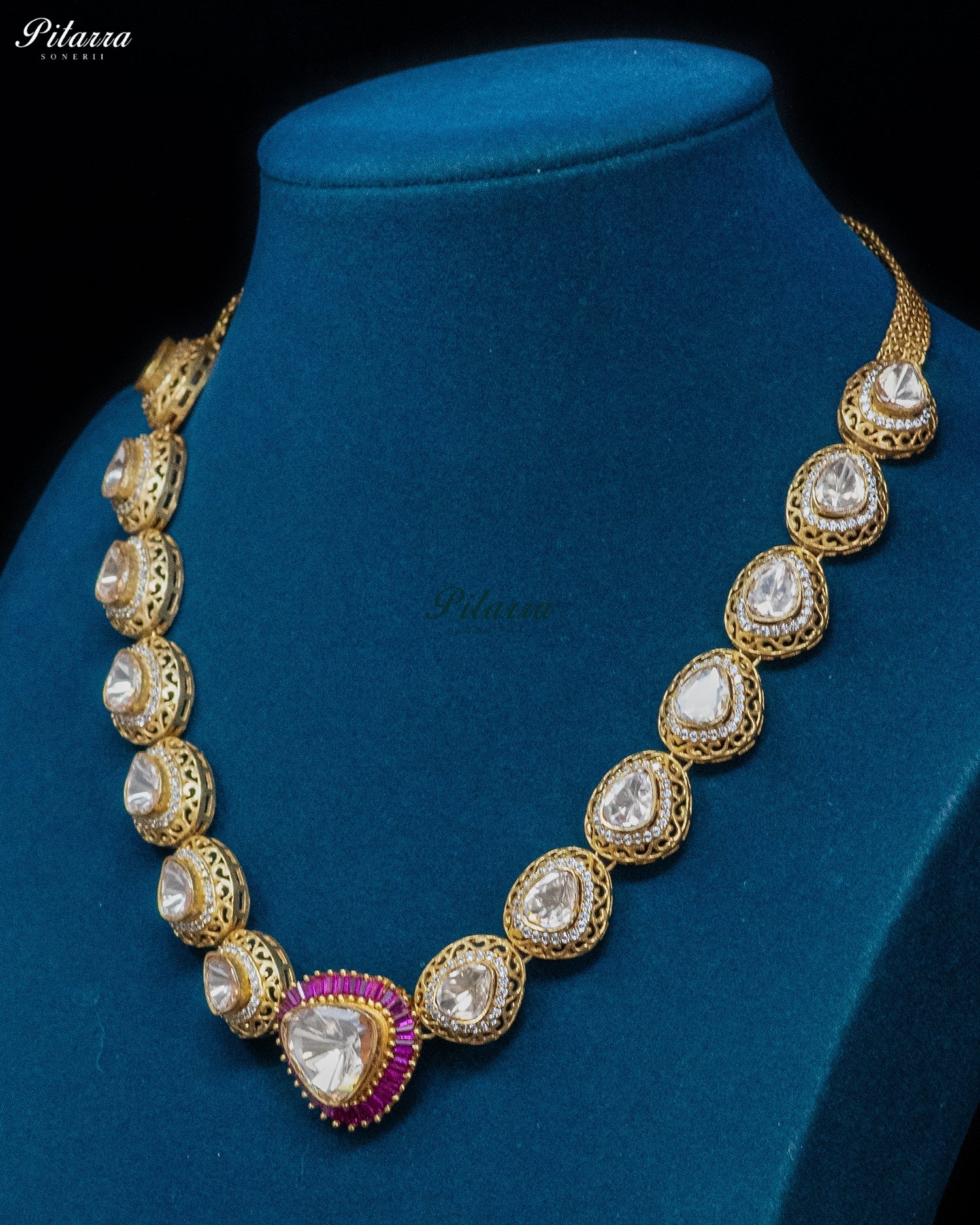 Gold Teardrop Pink Border Necklace Set