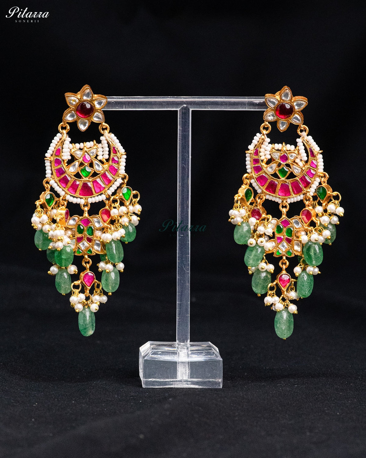 Pink Green Pearl Floral Kundan Chandbali Earrings