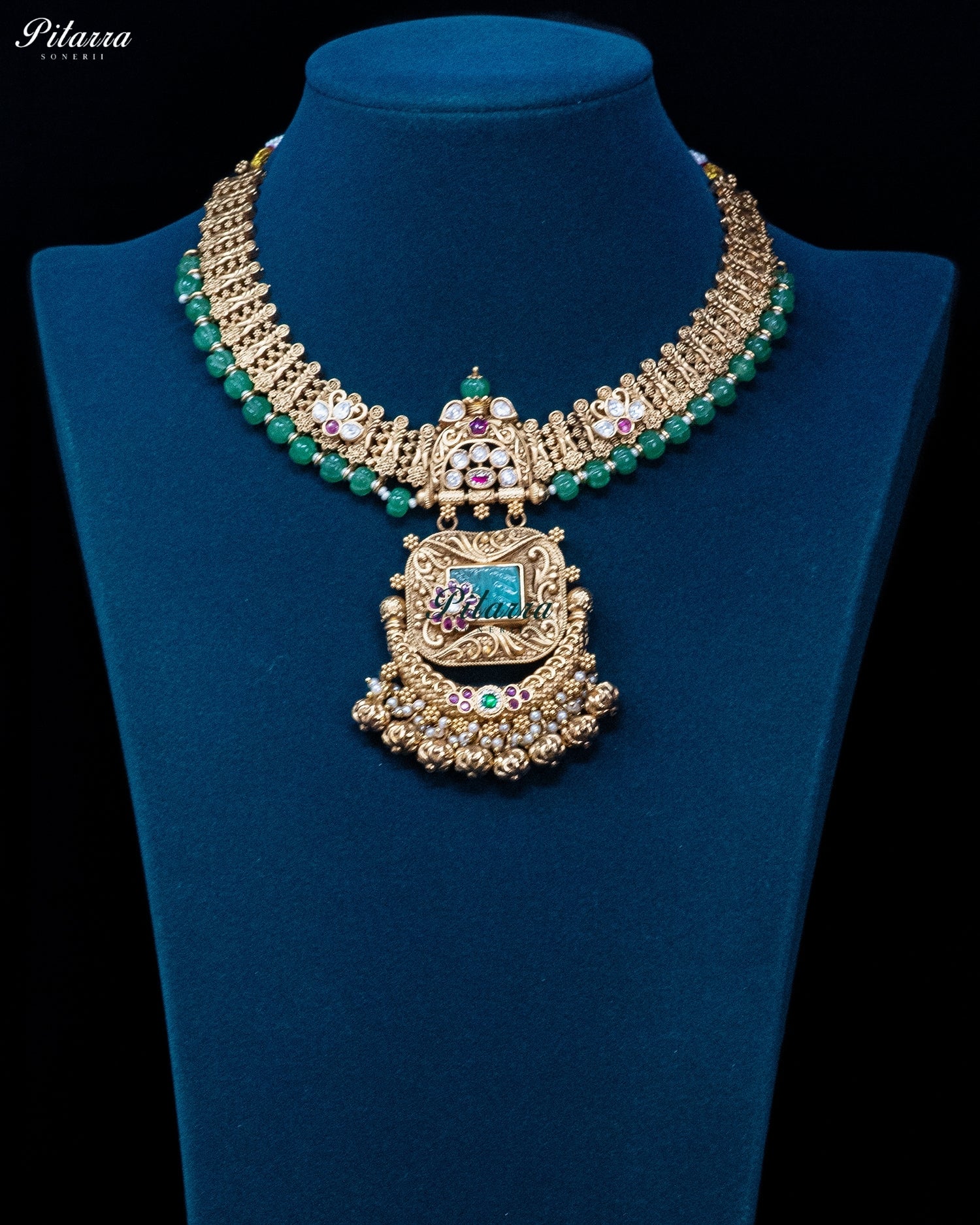 Rectangular Pendant Gold Temple Green Beaded Necklace Set
