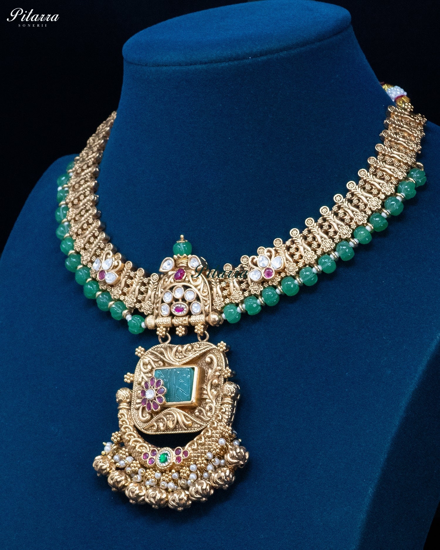 Rectangular Pendant Gold Temple Green Beaded Necklace Set