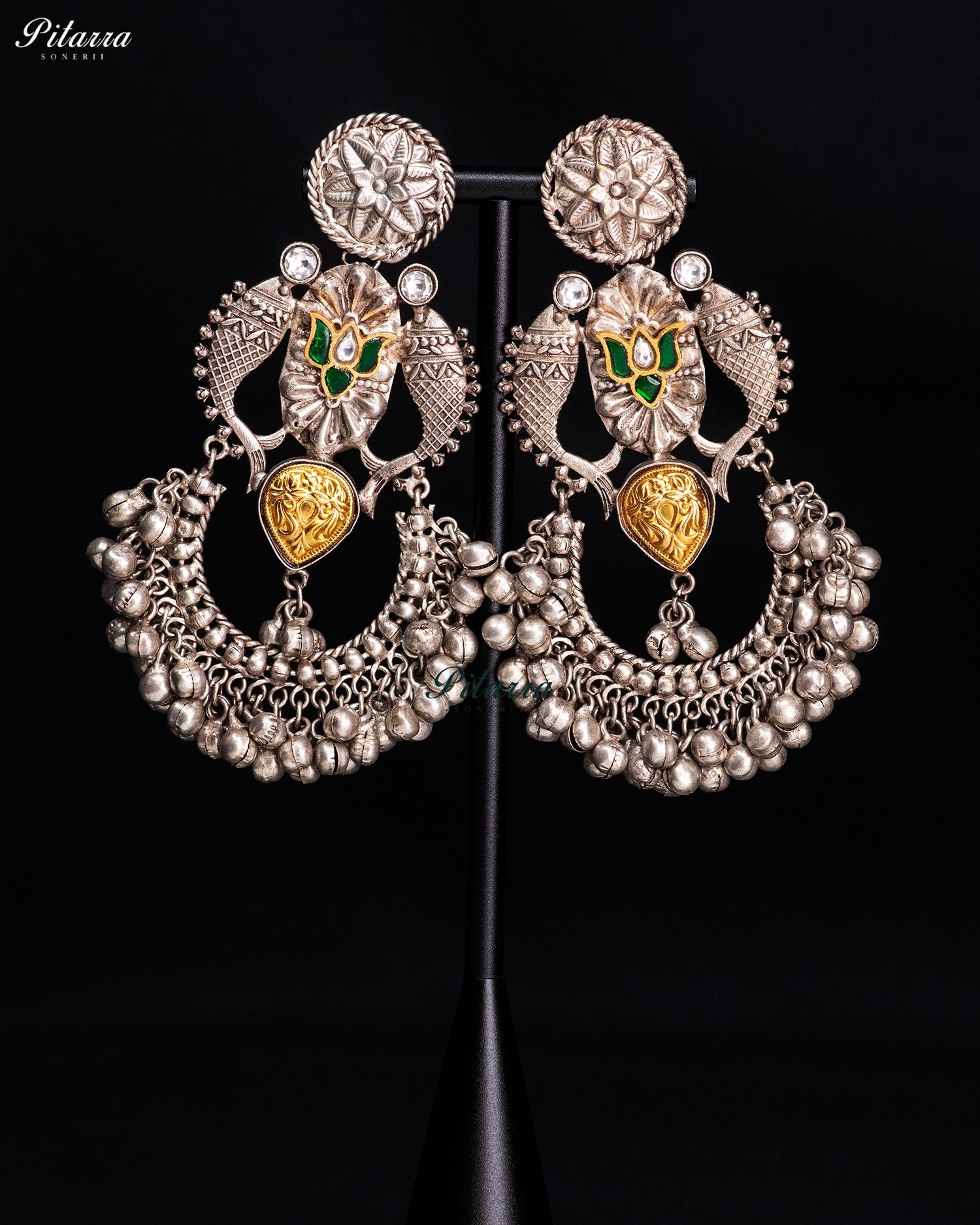 Lotus Motif Silver Look-Alike Ghungroo Hoop Earrings