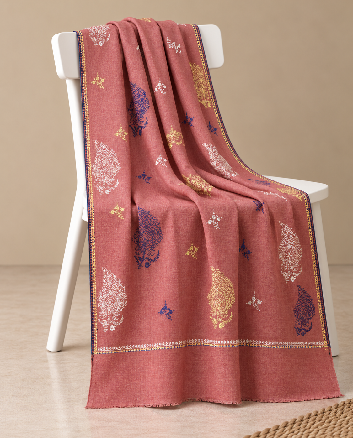 Rosewood Pink Pashmina Shawl with Multicolor Paisley & Floral Buta Embroidery