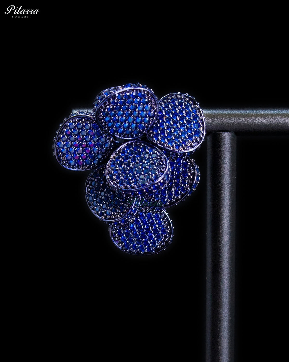Royal Blue Crystal Floral Cluster Statement Stud Earrings