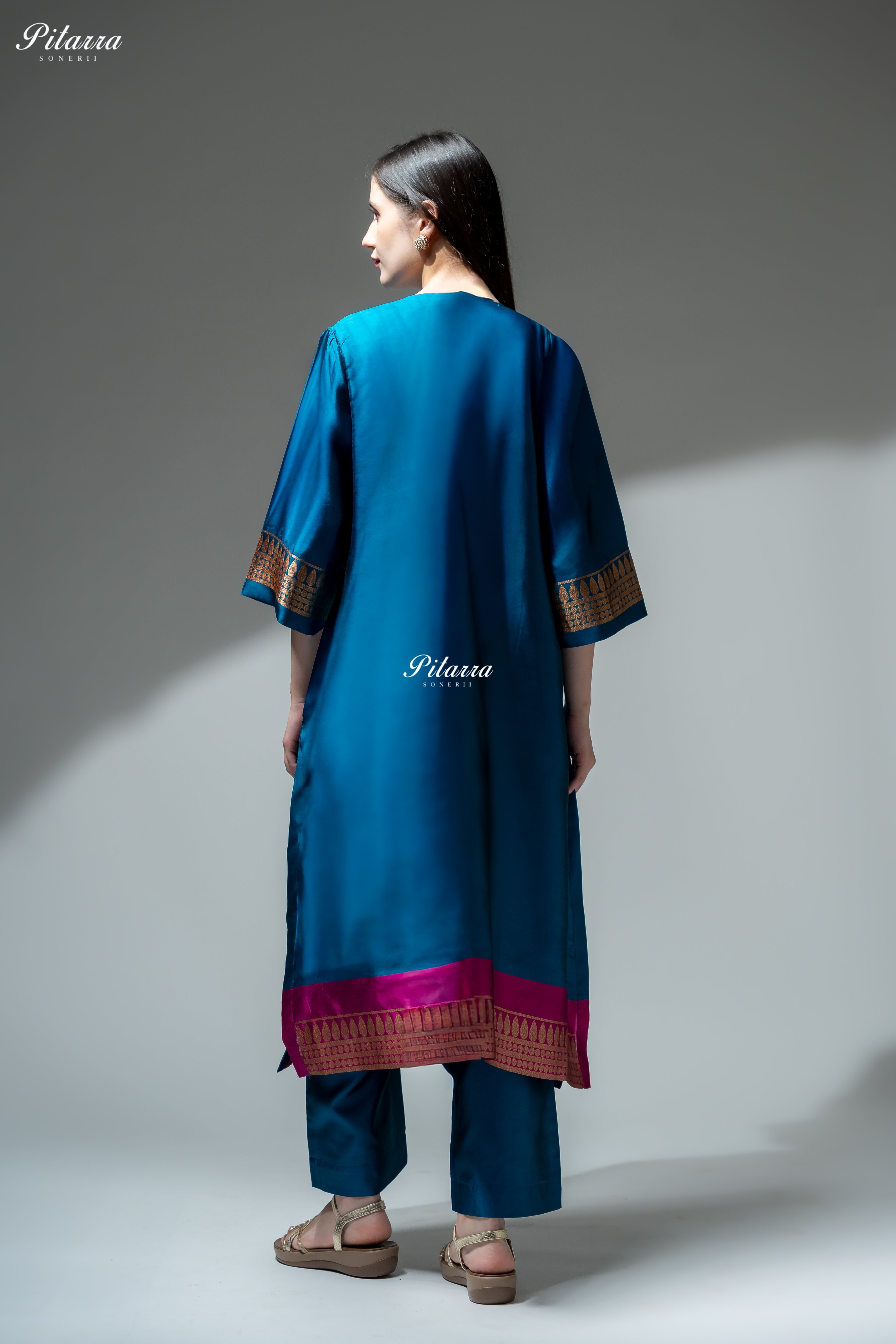 Royal Blue Gold Zari Floral Embroidered Kurta Palazzo Set