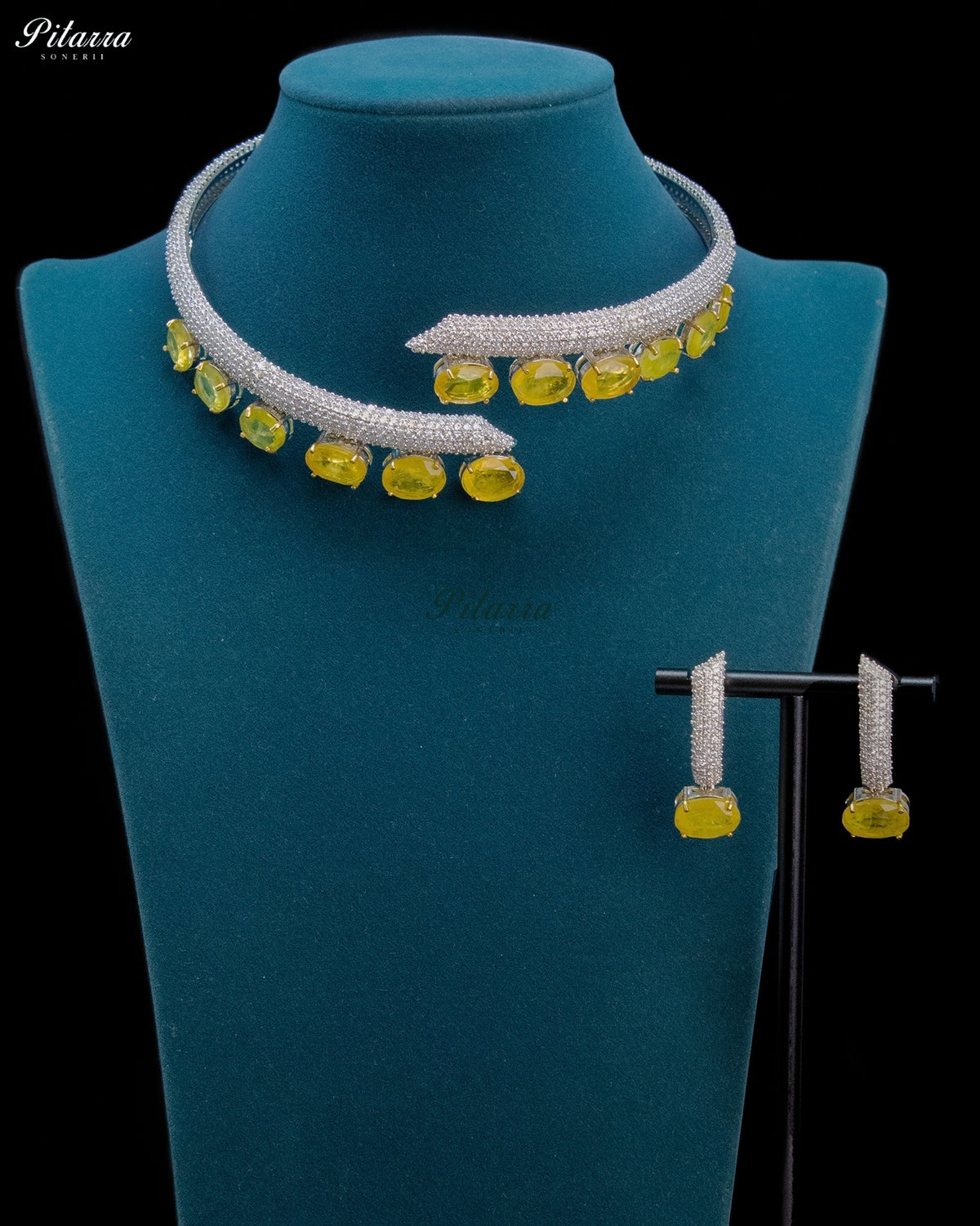 Yellow Oval Stone Zircon Silver Crystal Collar Necklace Set