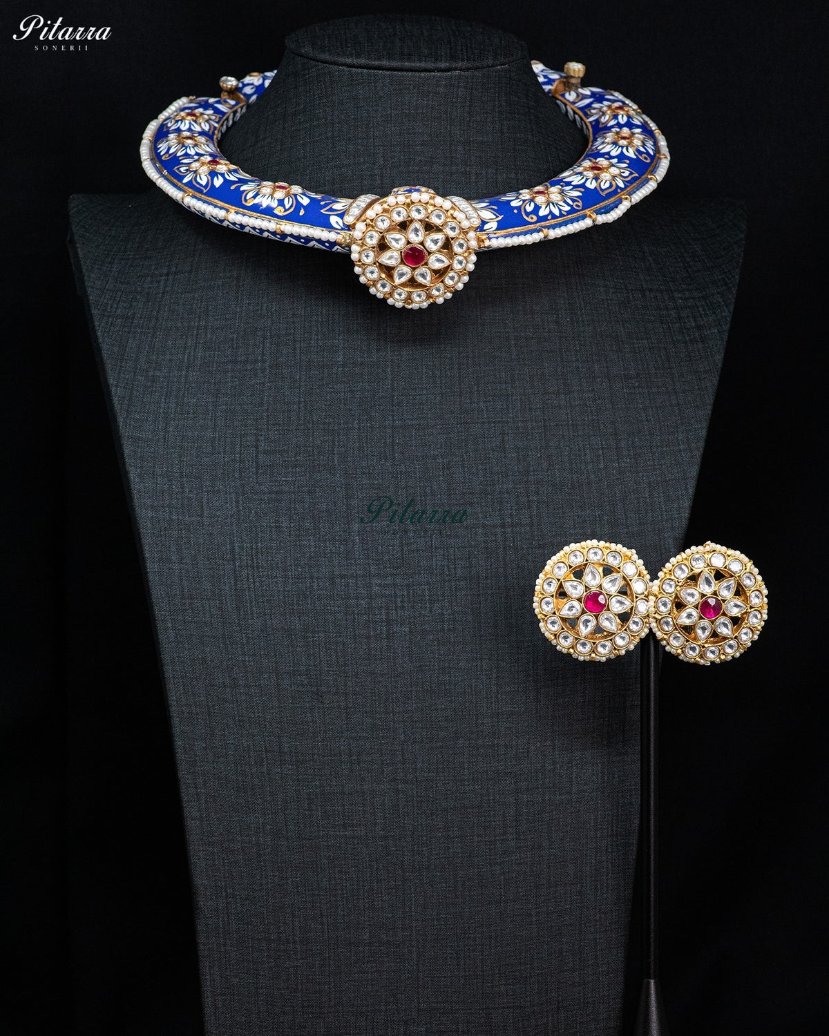Blue Enamel Floral Kundan Necklace Set