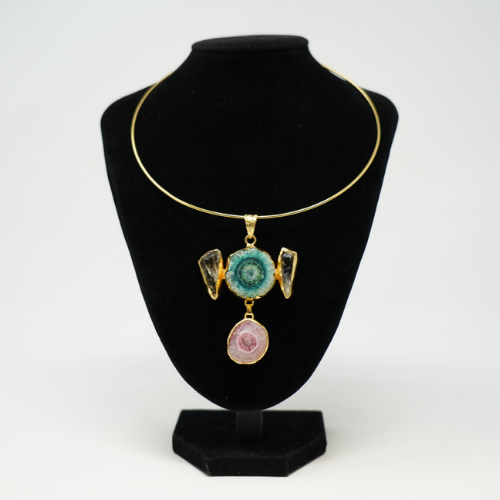 Gold Plated Pink Blue Stone Necklace