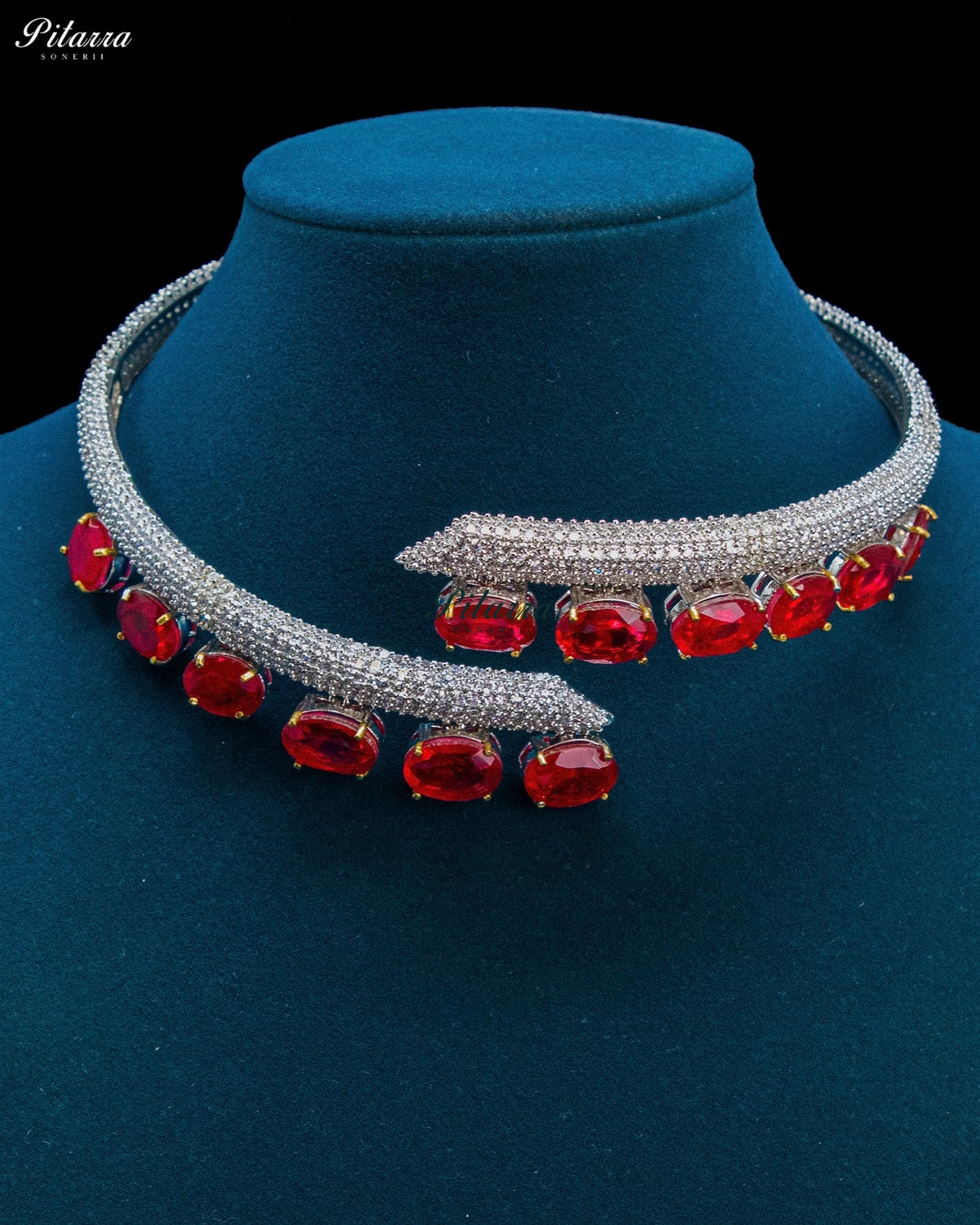 Red Oval Stone Zircon Silver Crystal Collar Necklace Set