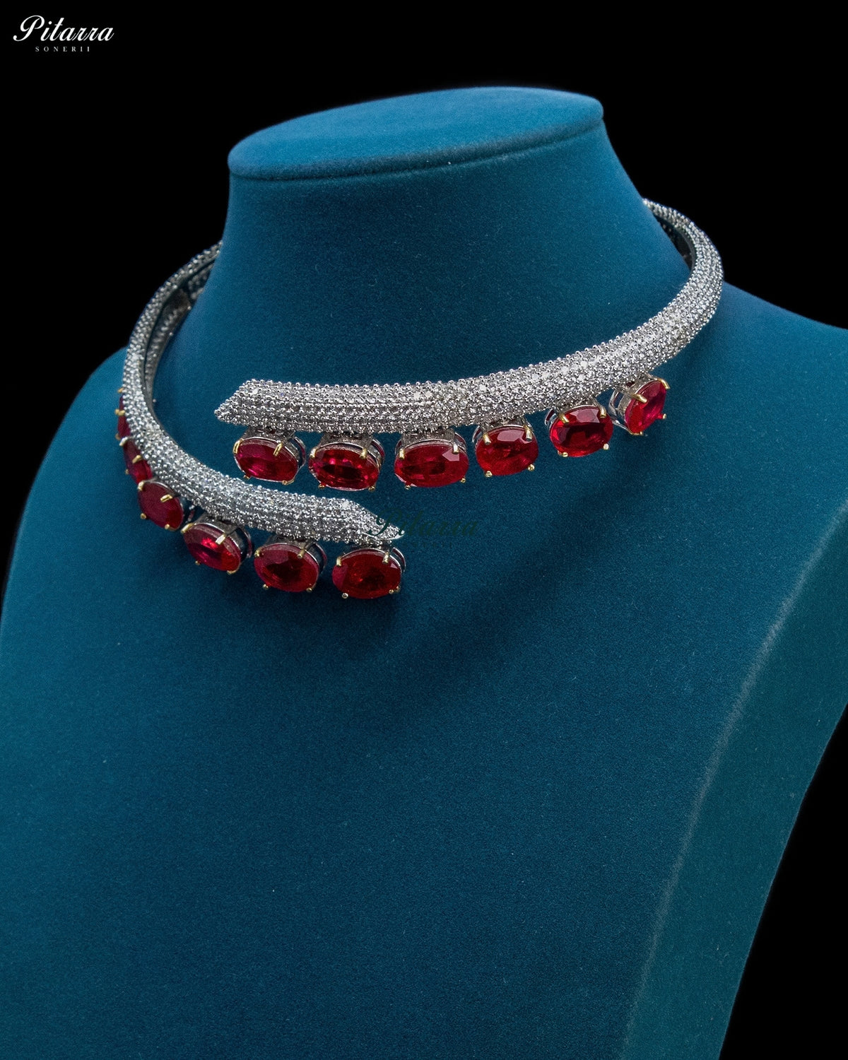 Red Oval Stone Zircon Silver Crystal Collar Necklace Set
