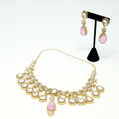 Gold Plated Pink White Stone Studded Necklace Set