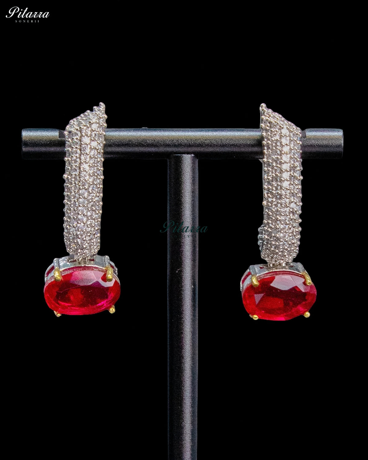 Red Oval Stone Zircon Silver Crystal Collar Necklace Set