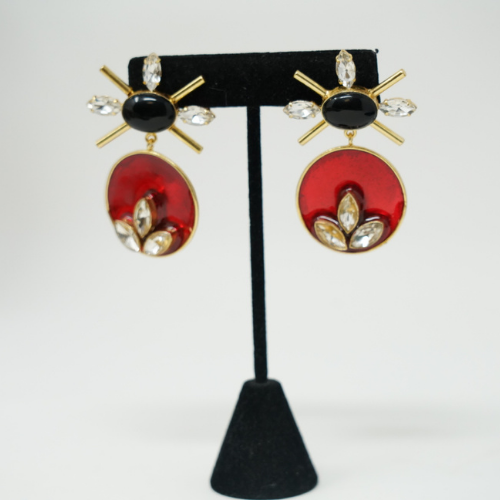 Gold Plated Red & Black Hanging Earrings