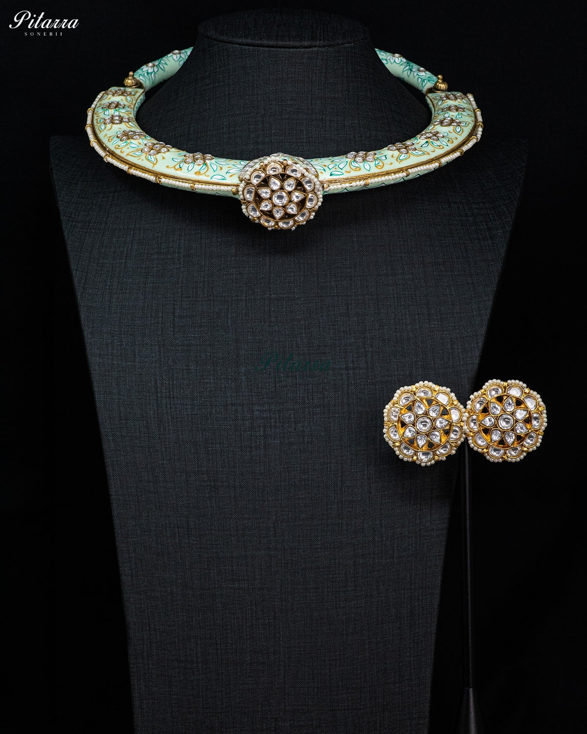 Mint Green Enamel Floral Kundan Necklace Set