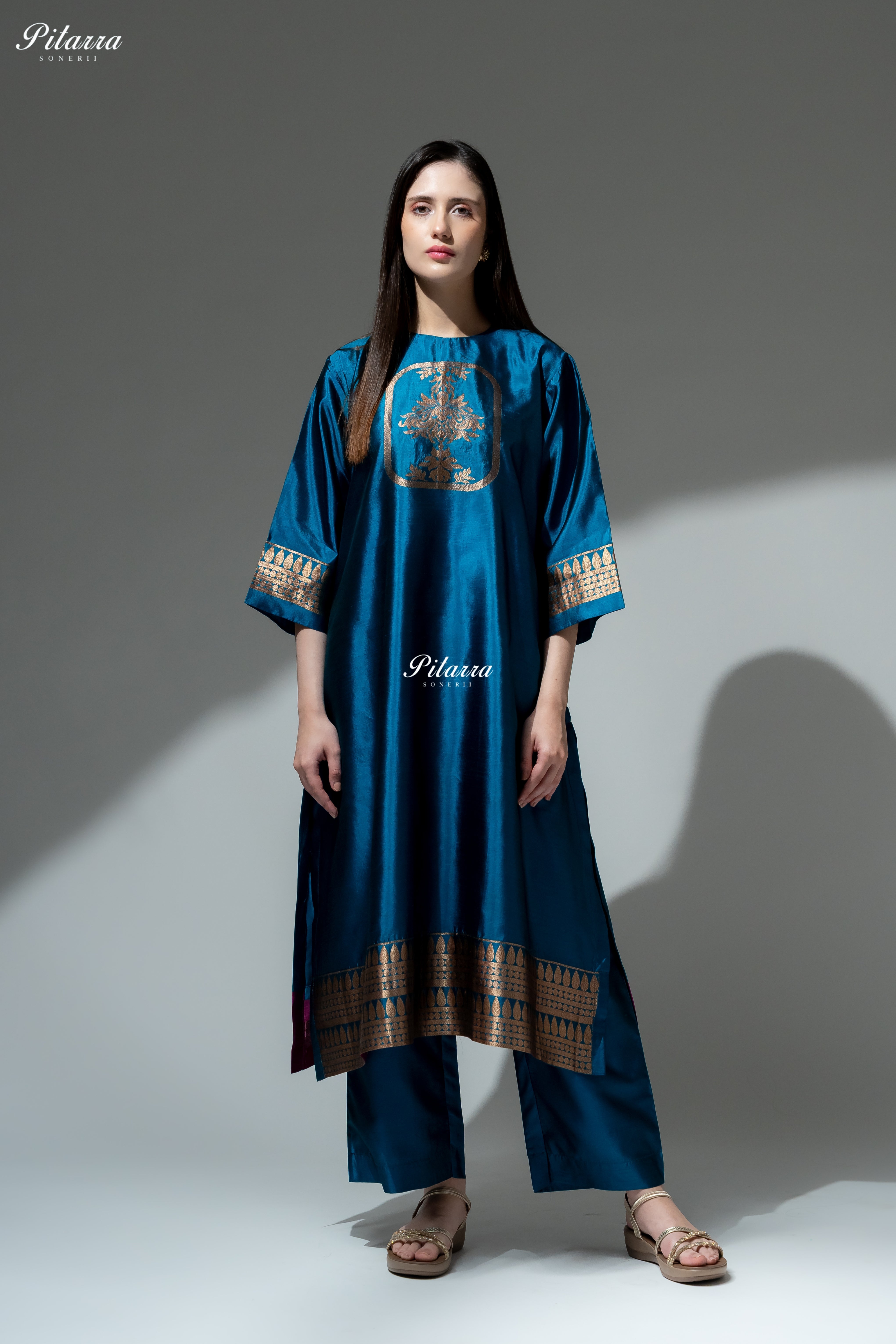 Royal Blue Gold Zari Floral Embroidered Kurta Palazzo Set
