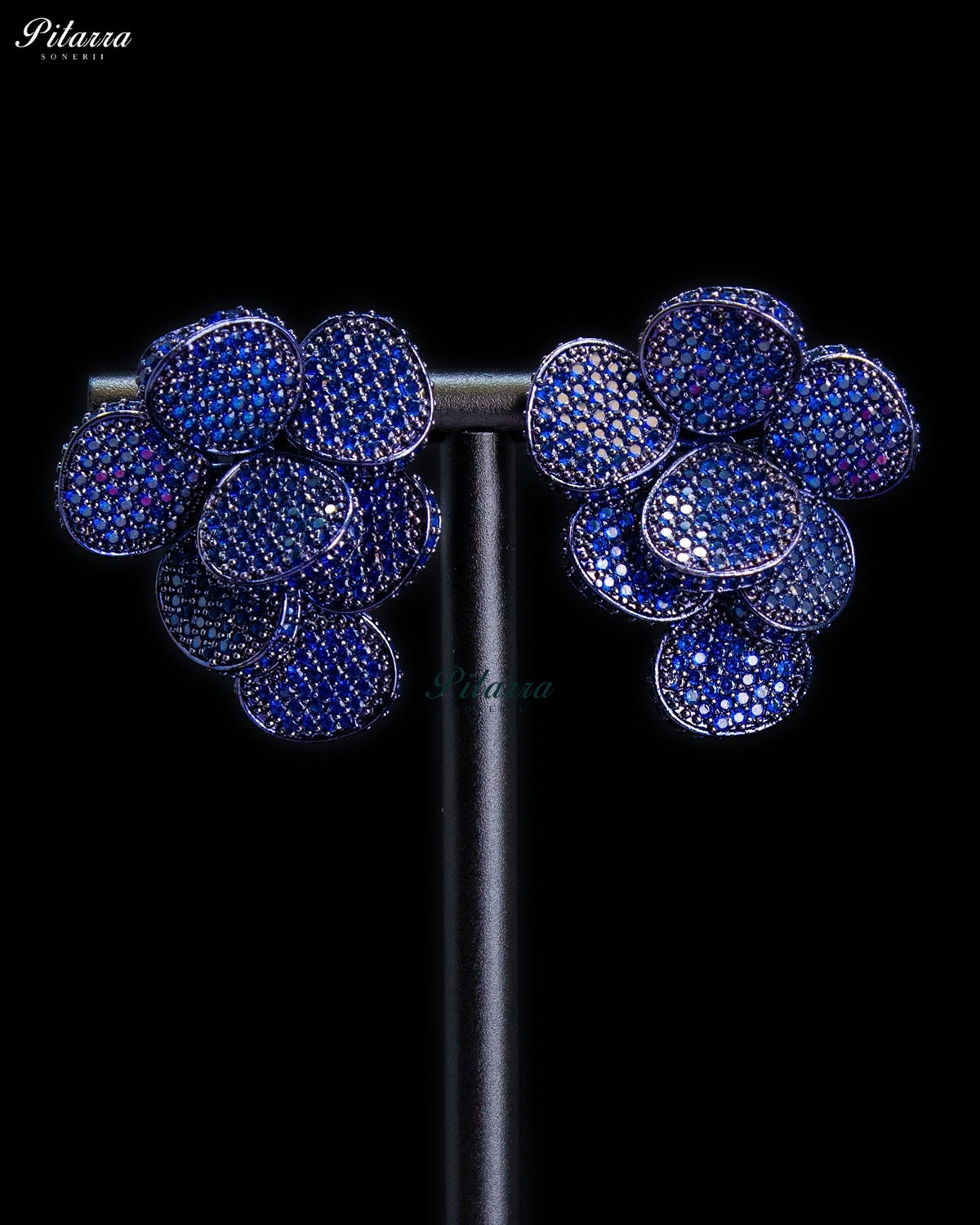 Royal Blue Crystal Floral Cluster Statement Stud Earrings