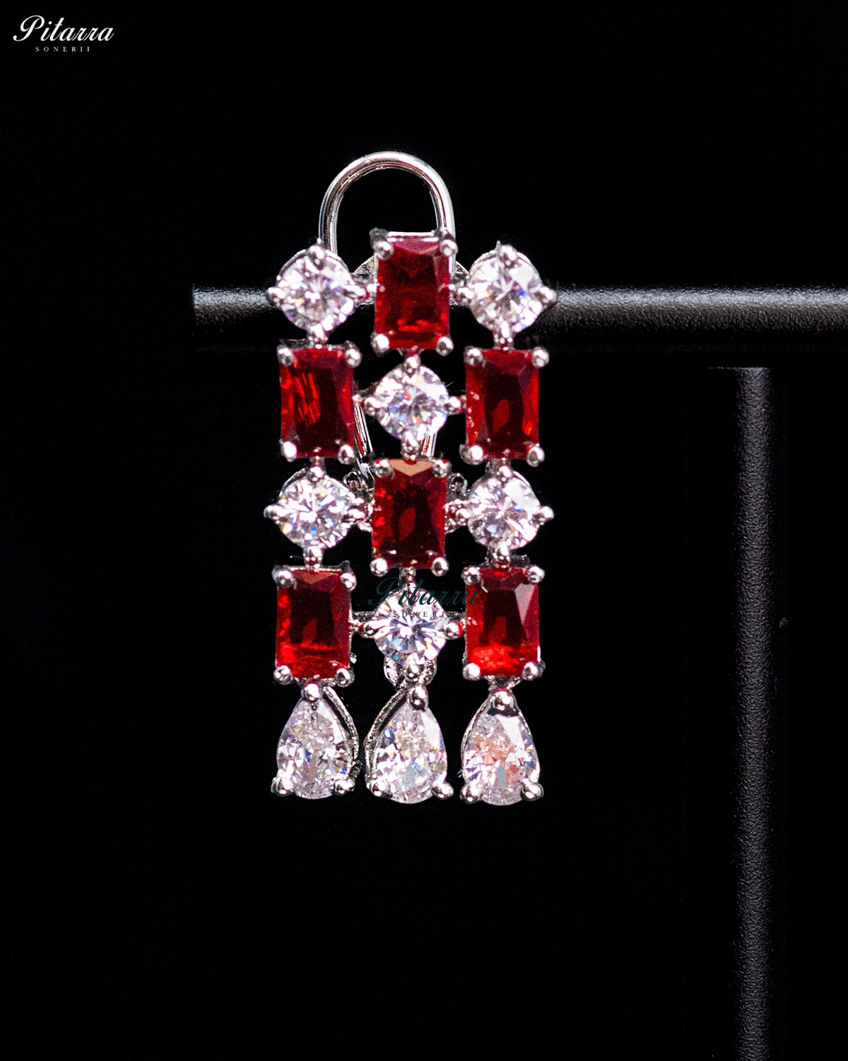 Ruby Red Emerald Cut Stone Zircon Silver Crystal Choker Necklace Set