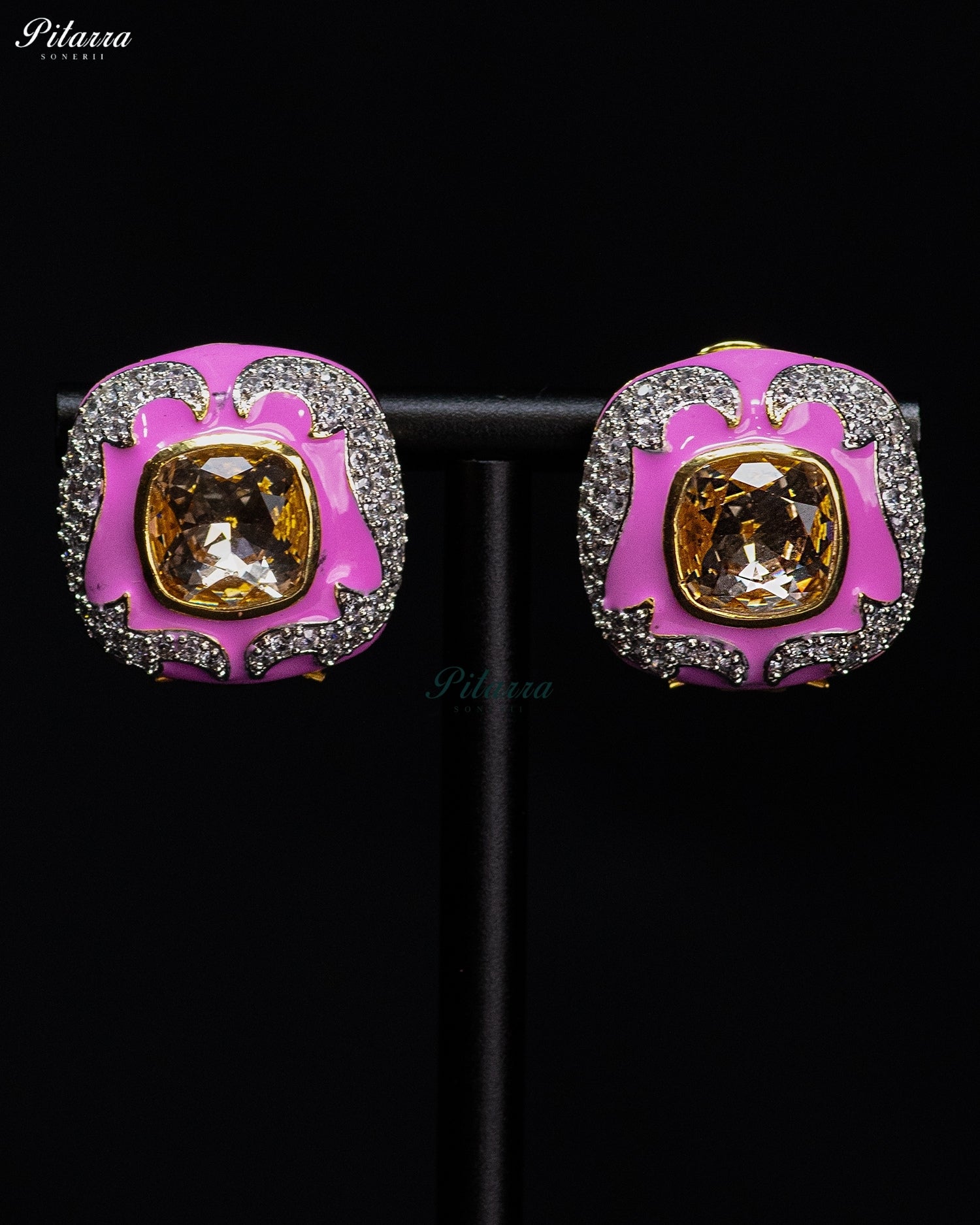 Pink Amber Crystal Statement Earrings