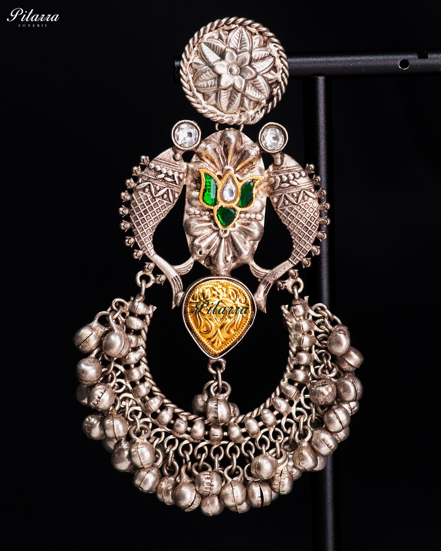 Lotus Motif Silver Look-Alike Ghungroo Hoop Earrings