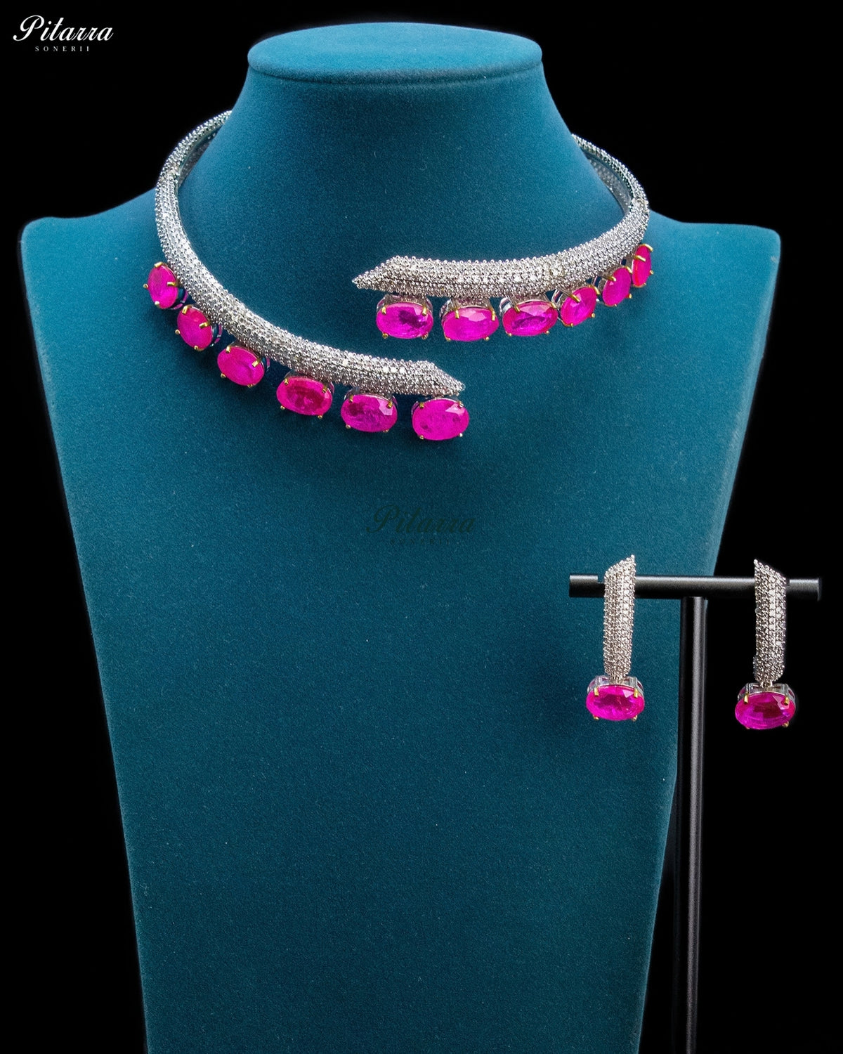 Pink Oval Stone Zircon Silver Crystal Collar Necklace Set