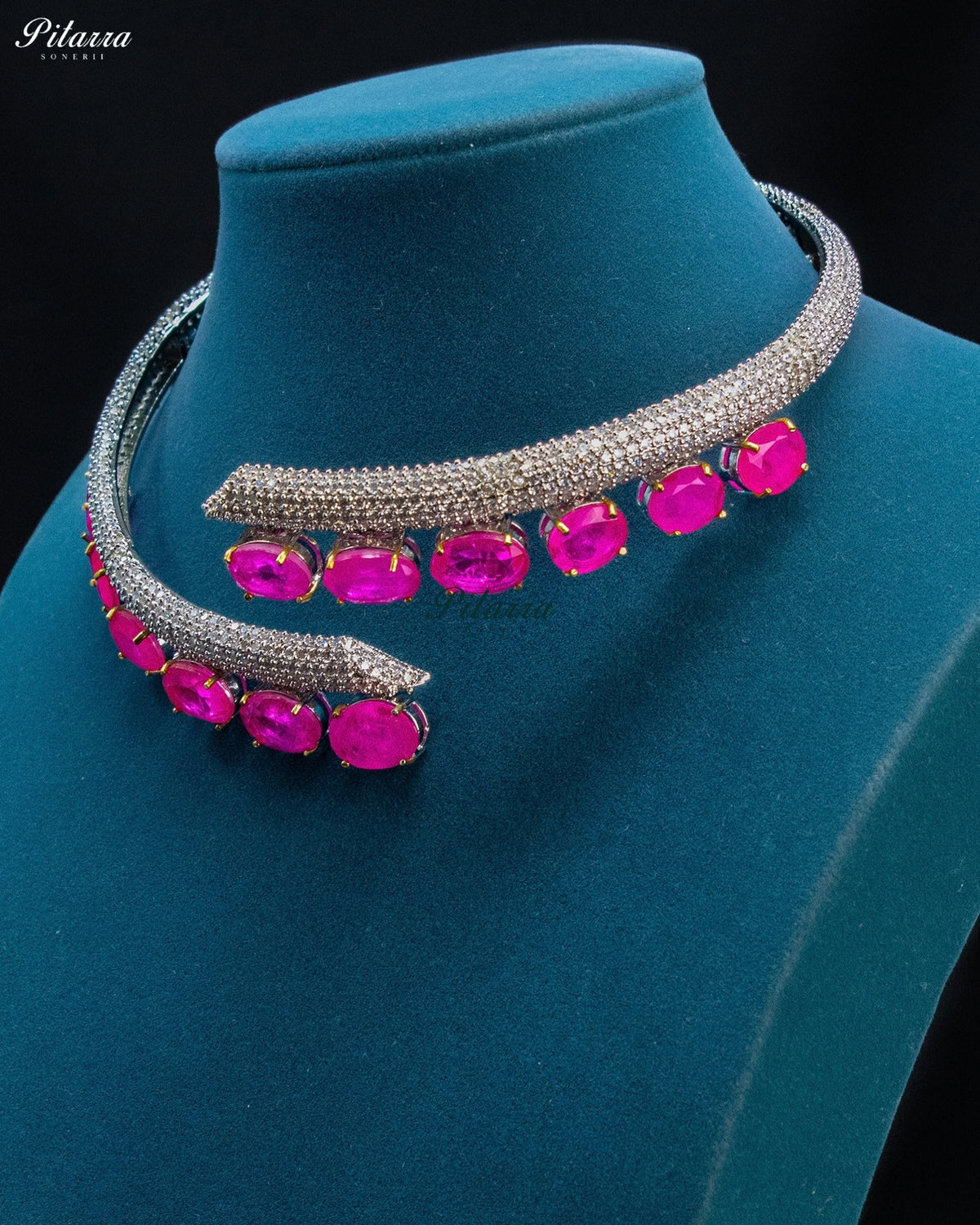 Pink Oval Stone Zircon Silver Crystal Collar Necklace Set