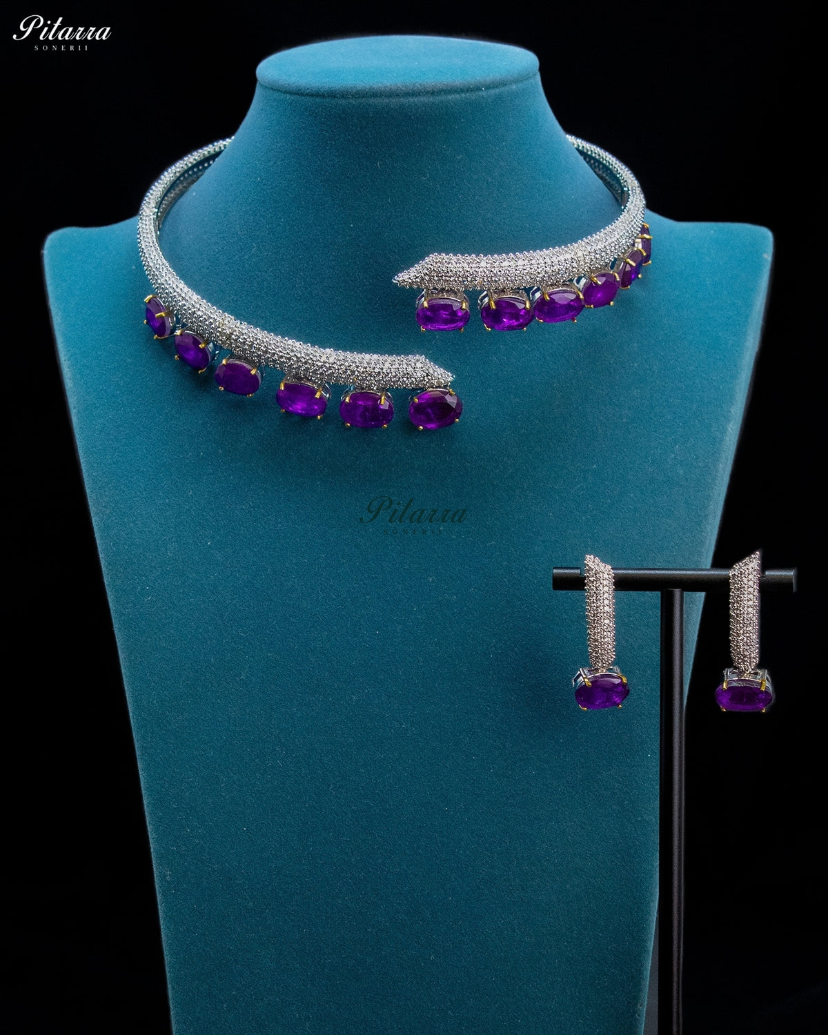 Purple Oval Stone Zircon Silver Crystal Collar Necklace Set