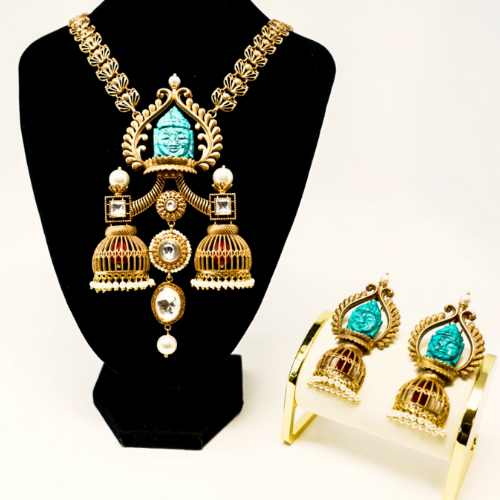 Gold Plated Turquoise Traditional Auspicious Necklace Set