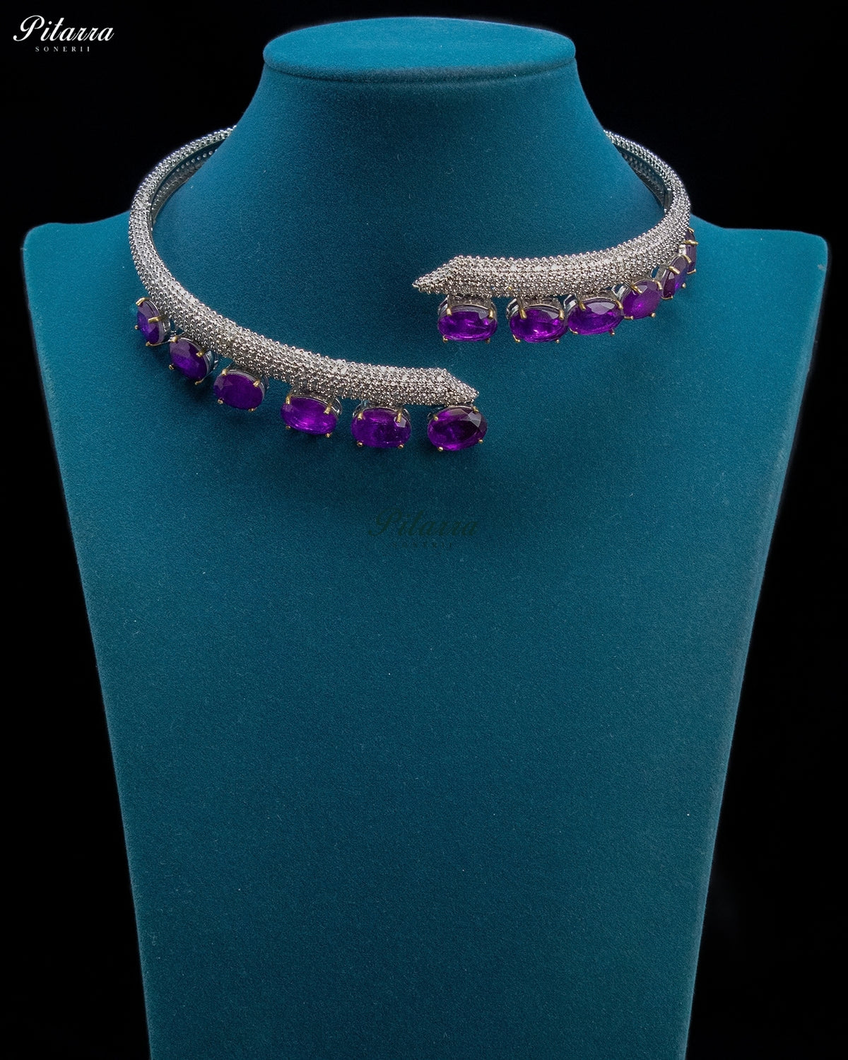 Purple Oval Stone Zircon Silver Crystal Collar Necklace Set