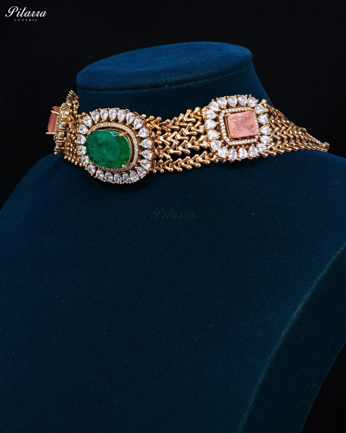 Emerald Green & Pink Stone Kundan Choker Set