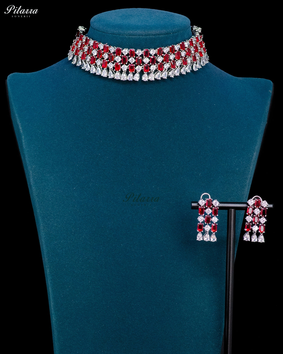 Ruby Red Emerald Cut Stone Zircon Silver Crystal Choker Necklace Set
