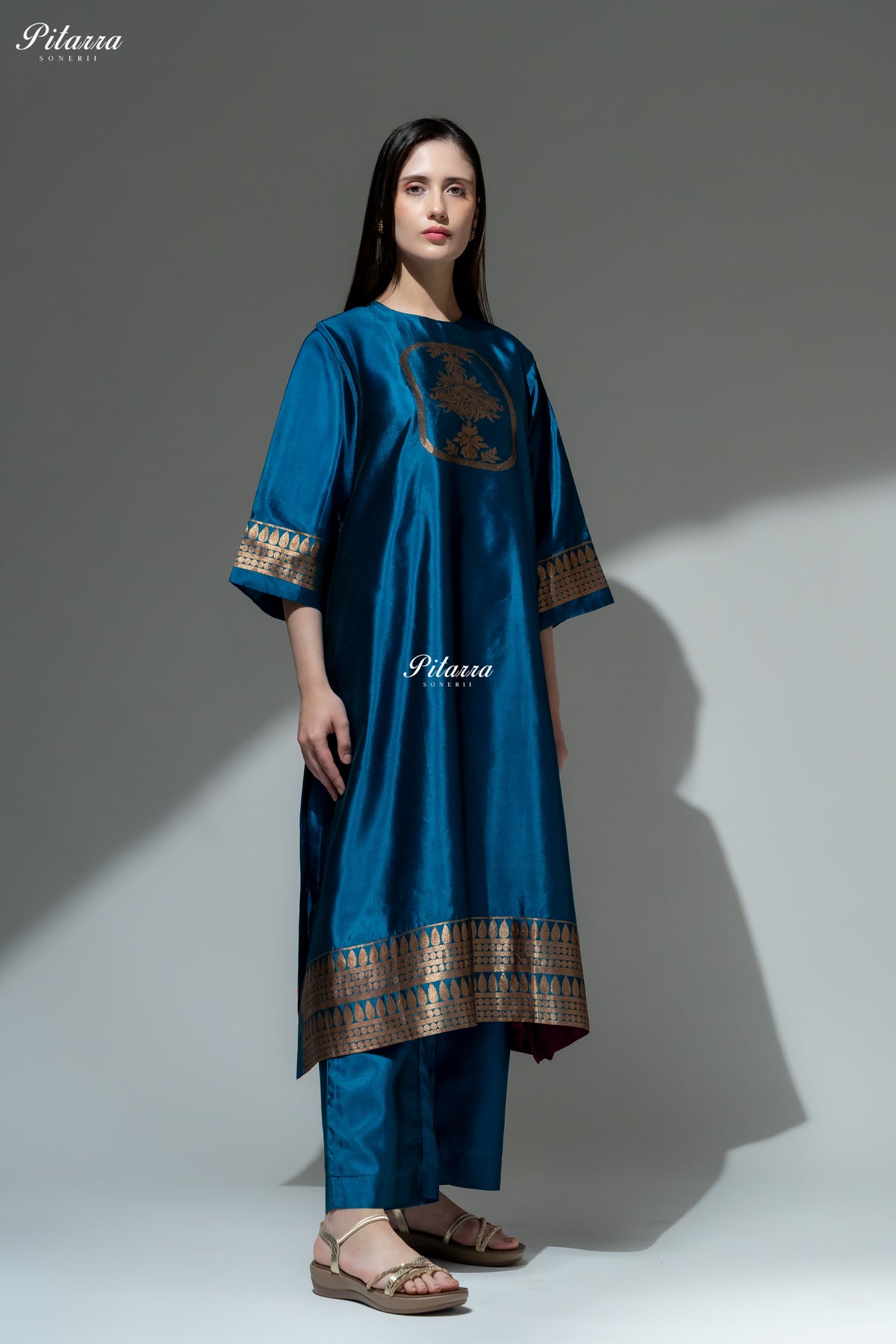 Royal Blue Gold Zari Floral Embroidered Kurta Palazzo Set