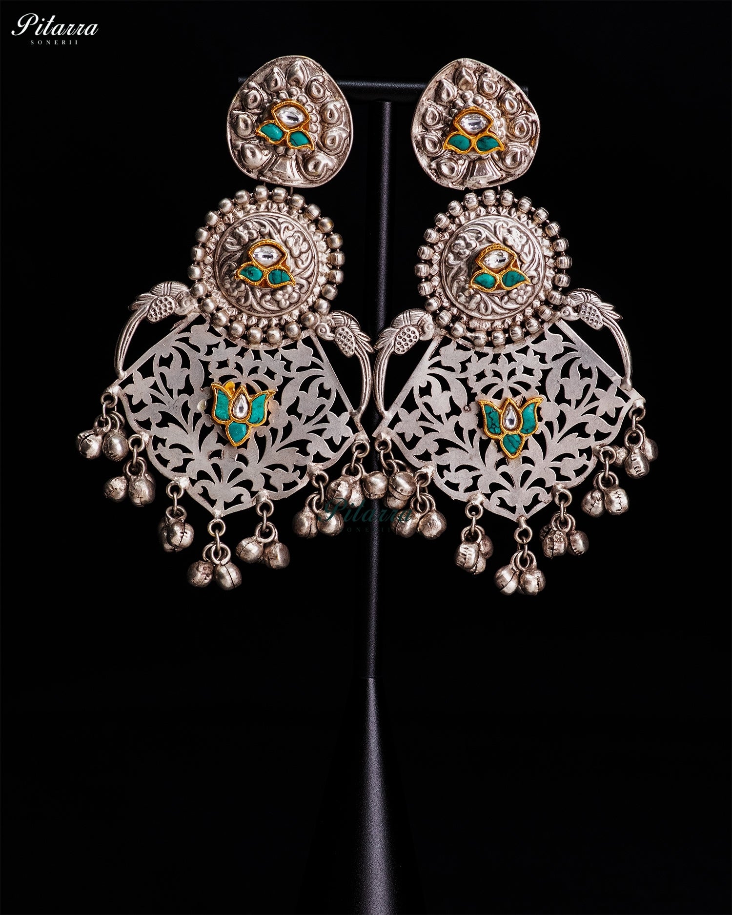 Turquoise Lotus Silver Look-Alike Filigree Earrings