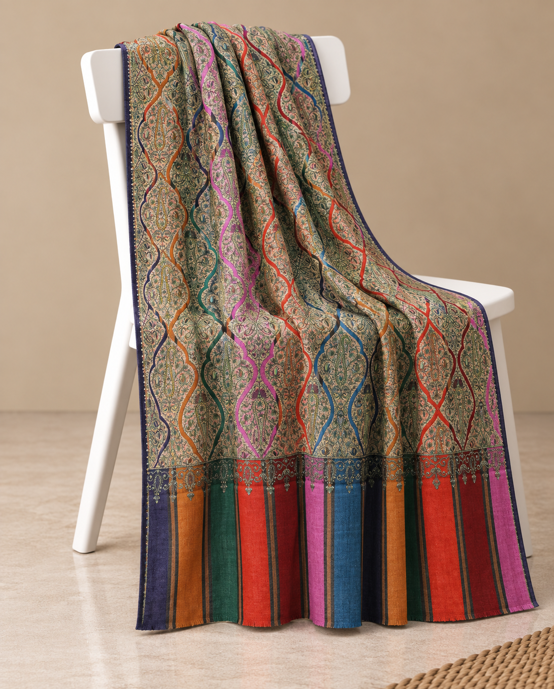 Olive Grey Pashmina Kani Shawl with Multicolor Paisley And Striped Border