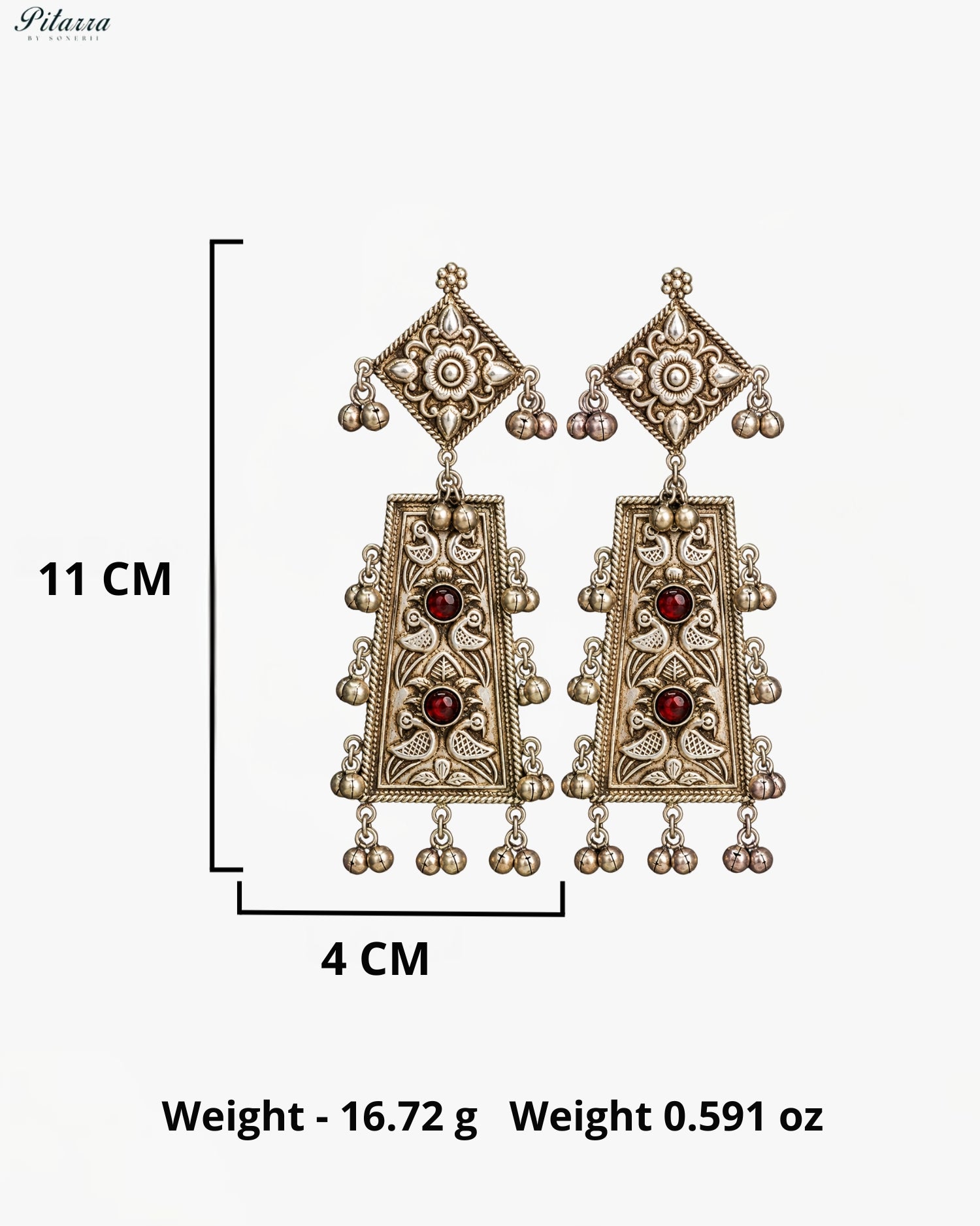 Red Stone Silver Look-Alike Floral Panel Statement Earrings