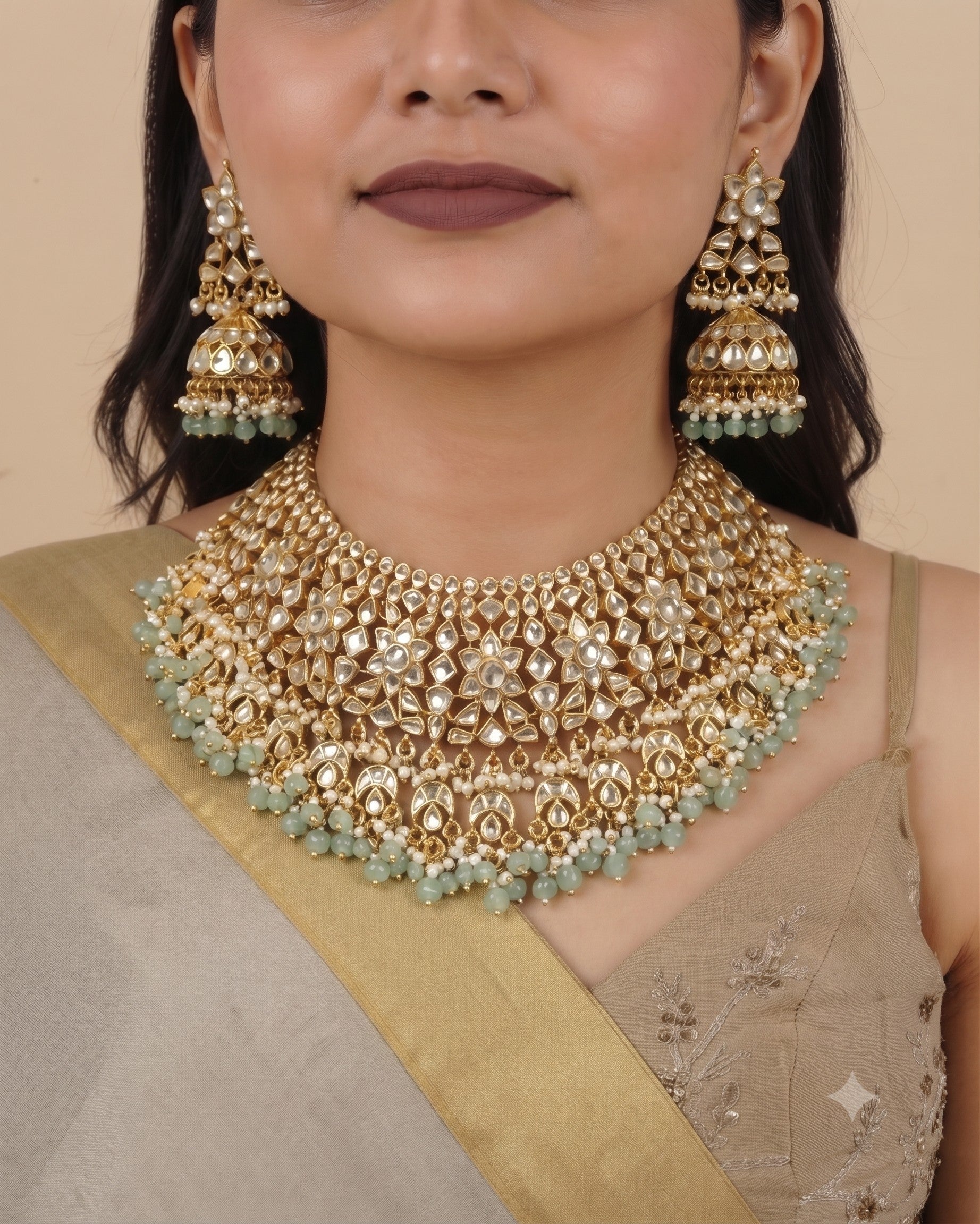Gold Plated Green Beads Traditional Kundan Bridal Set