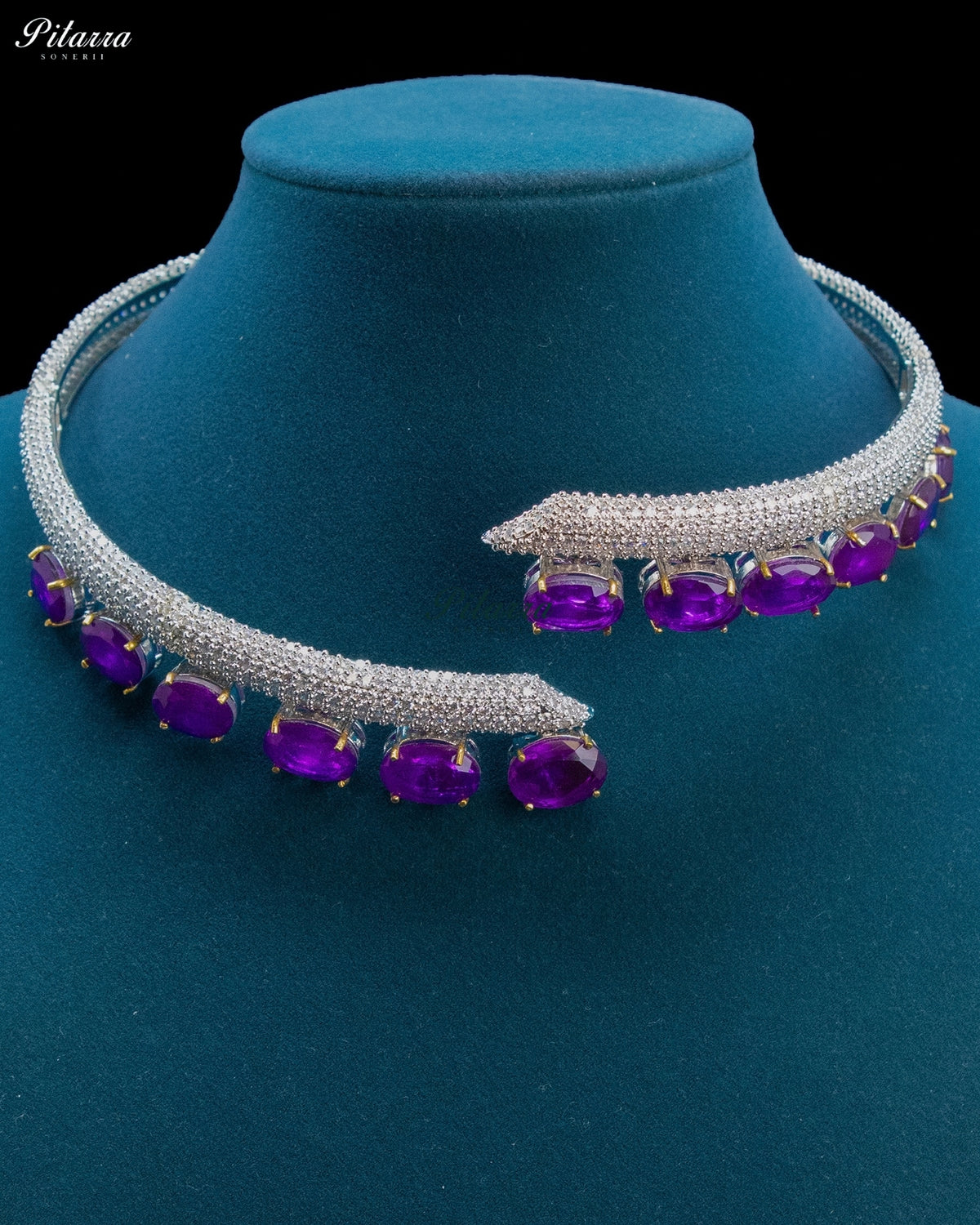 Purple Oval Stone Zircon Silver Crystal Collar Necklace Set