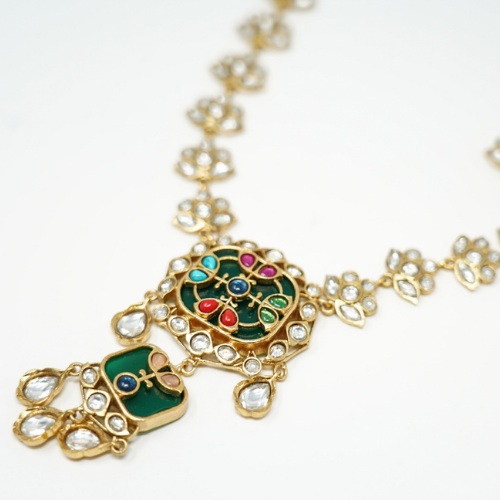 Gold Polish Handmade Green Kundan Necklace Set