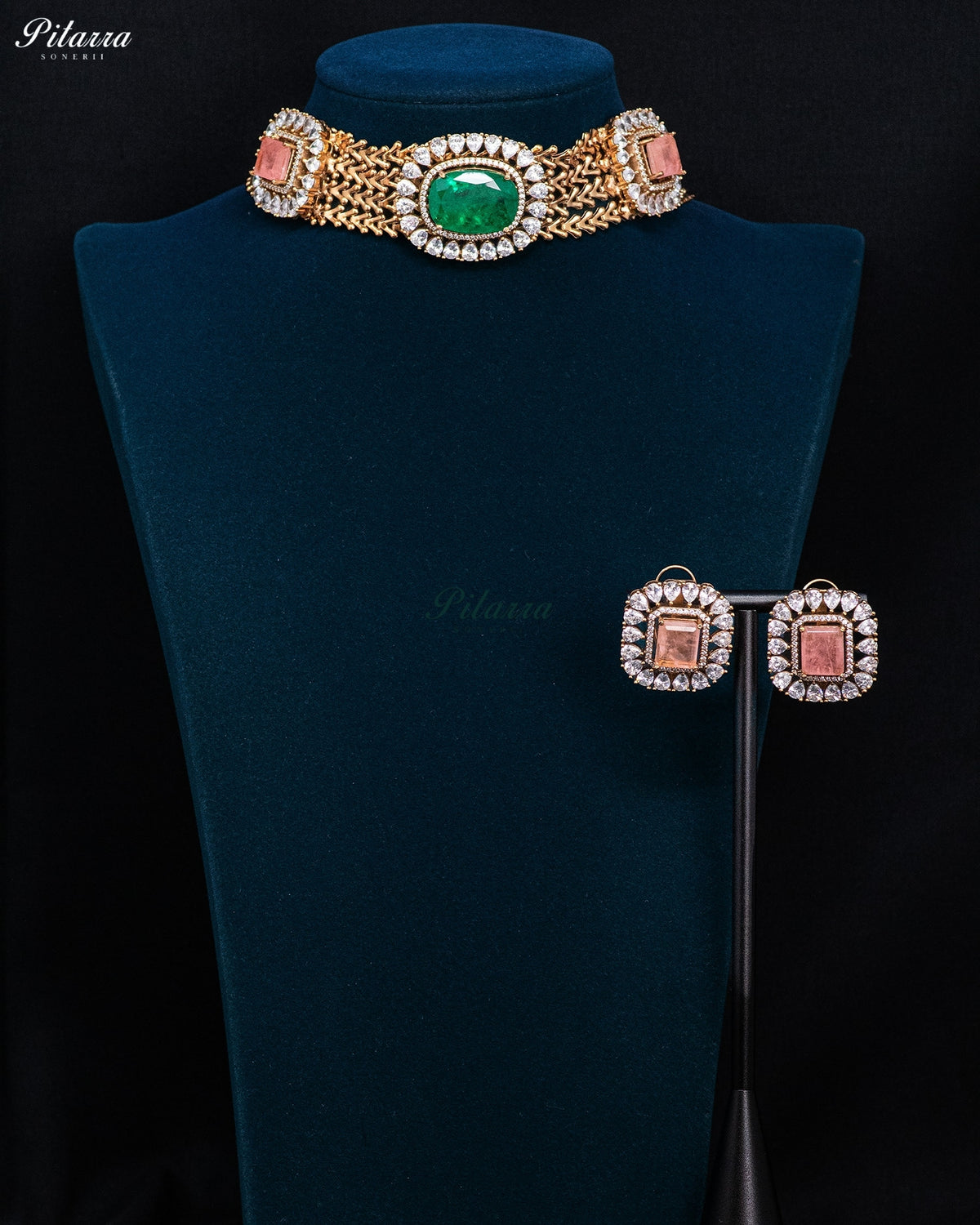 Emerald Green & Pink Stone Kundan Choker Set
