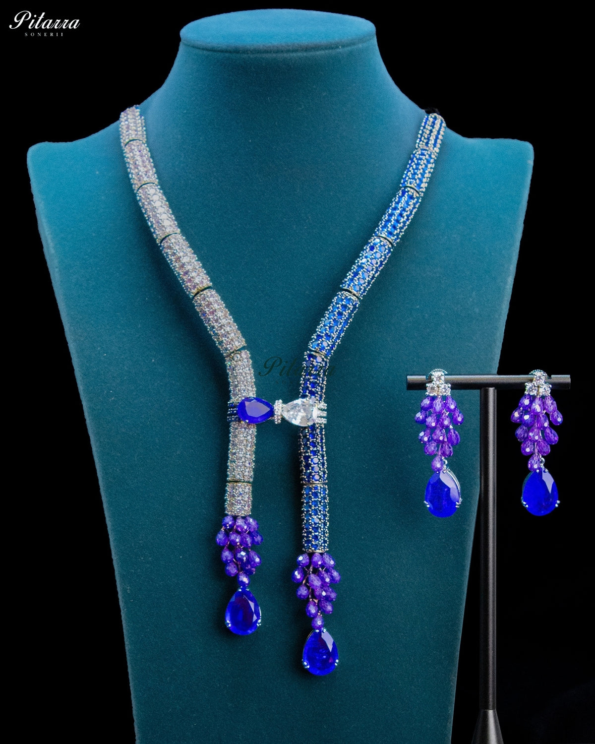 Blue and Purple Crystal Tassel Lariat Necklace Set
