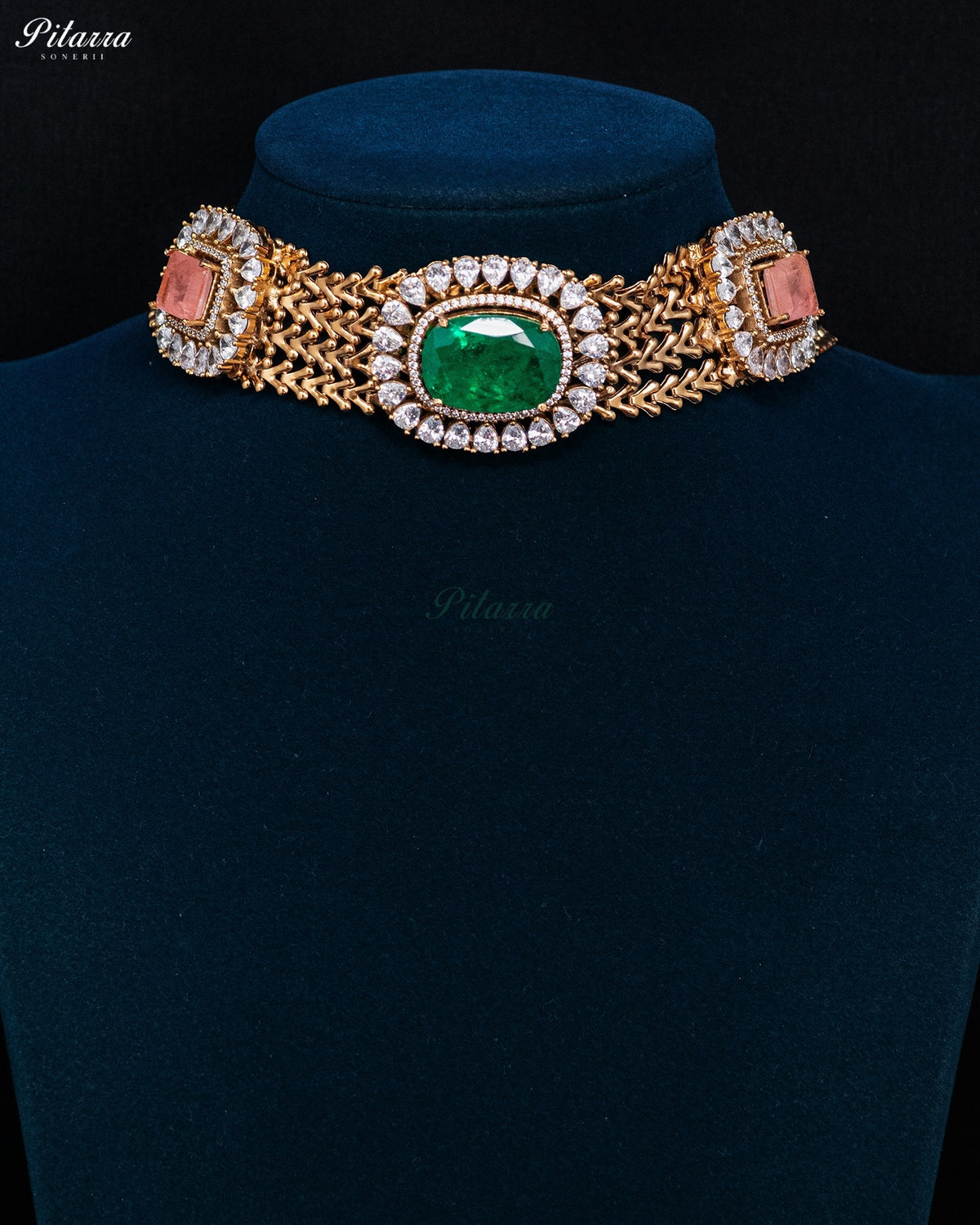 Emerald Green & Pink Stone Kundan Choker Set