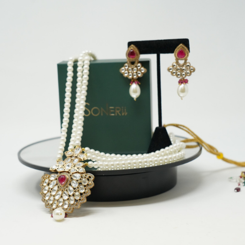 Gold Polish Pearl Studded Kundan Mala Necklace Set
