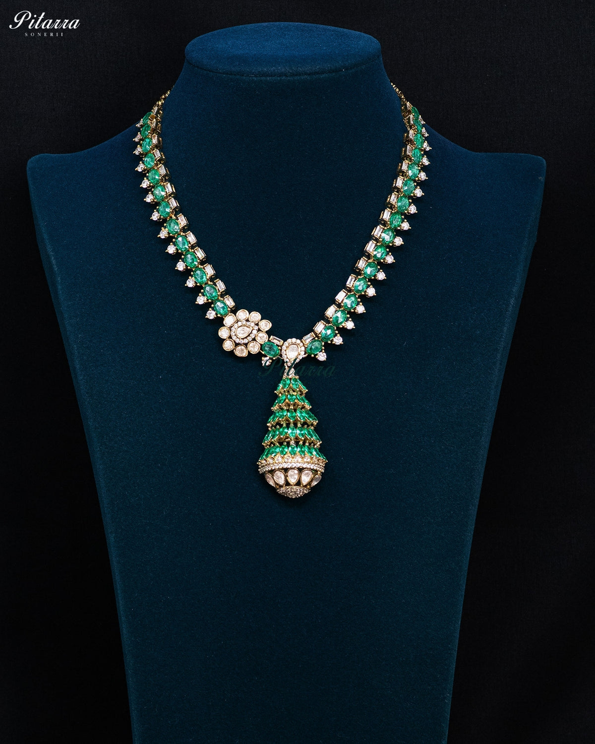 Emerald Green Pearl Kundan Long Necklace Set