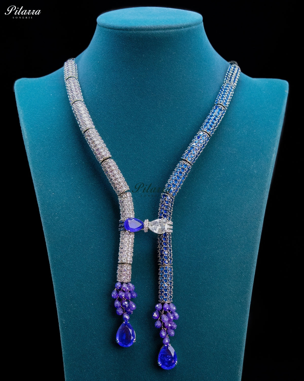 Blue and Purple Crystal Tassel Lariat Necklace Set