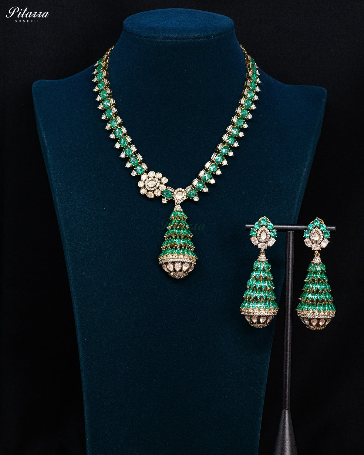 Emerald Green Pearl Kundan Long Necklace Set