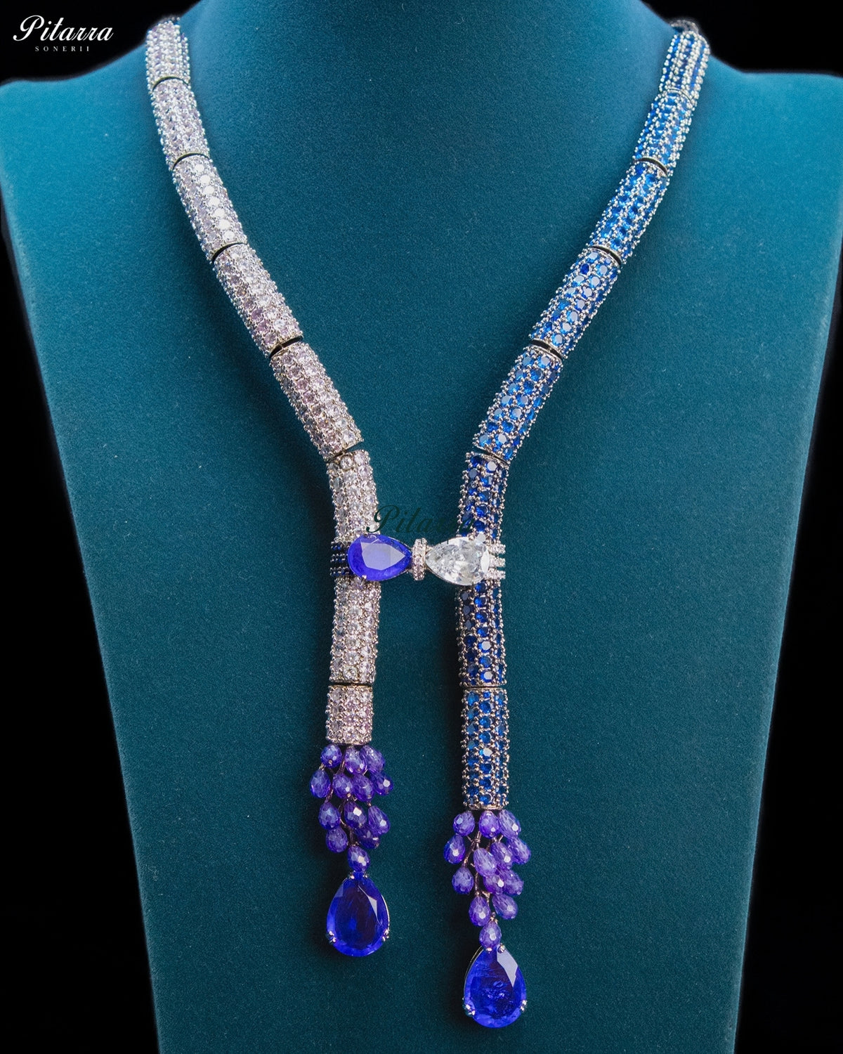Blue and Purple Crystal Tassel Lariat Necklace Set