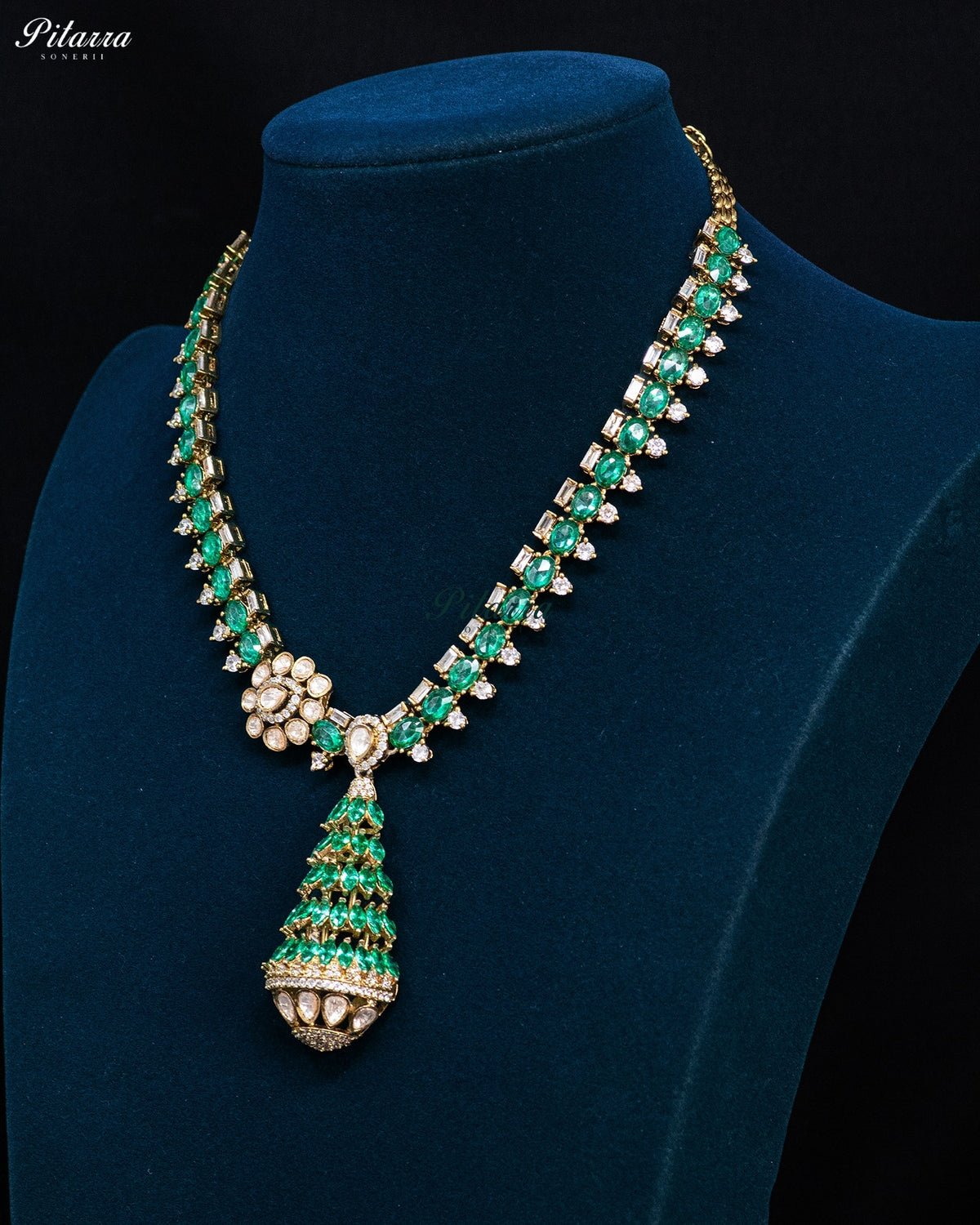 Emerald Green Pearl Kundan Long Necklace Set
