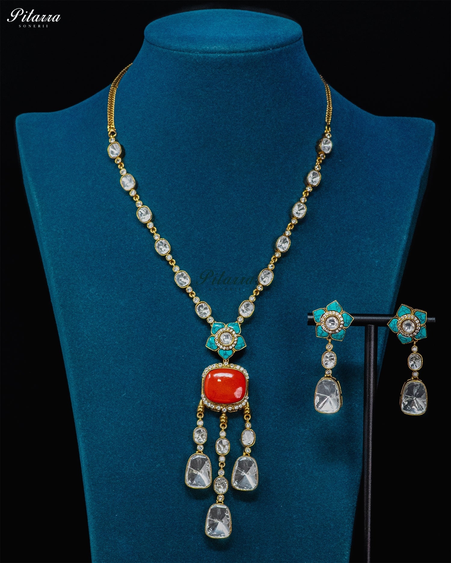 Coral Emerald Drop Necklace Set