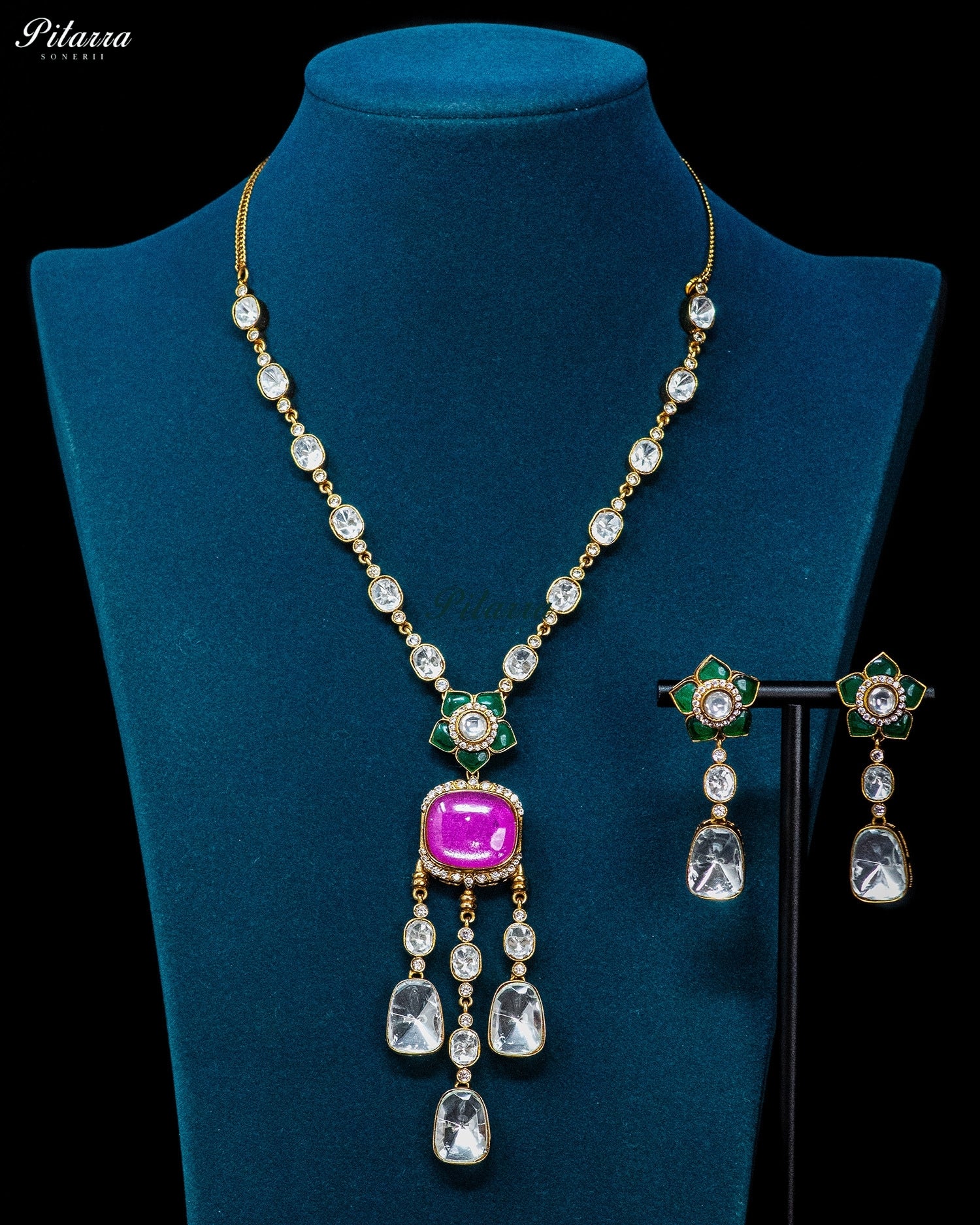 Emerald Pink Stone Drop Necklace Set