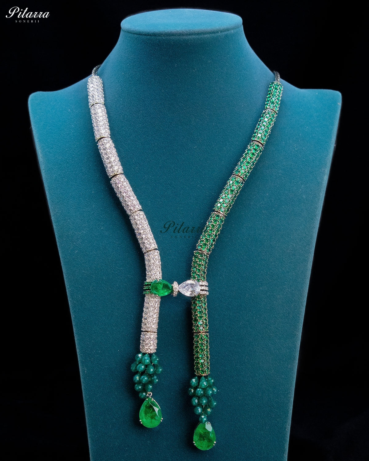 Green and Silver Crystal Tassel Lariat Necklace Set